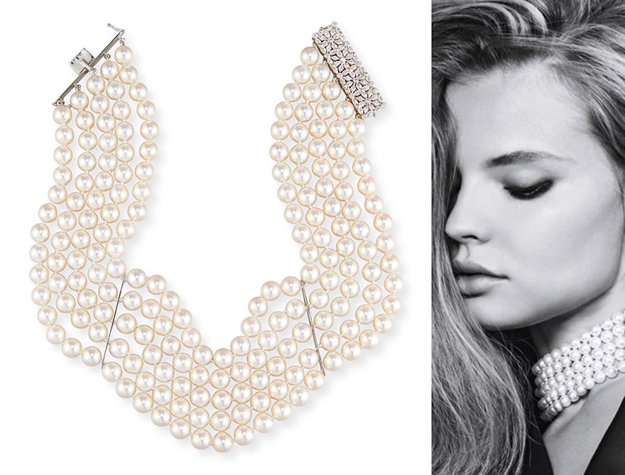 Akoya Pearl Choker with Diamonds Five strands of Akoya Cultured Pearls with 18K white gold bar stations and a diamond floral bar clasp. Available exclusively at Neiman Marcus.