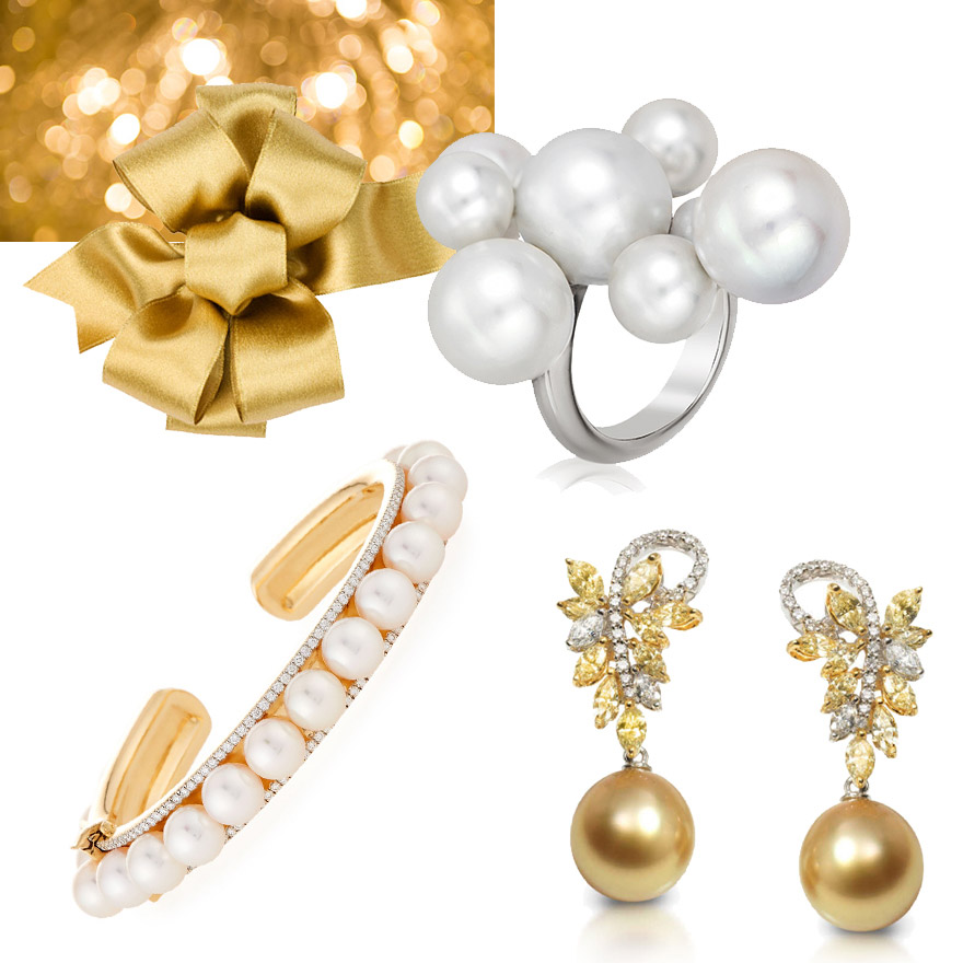 Bubble Ring at Neiman Marcus, Golden Pearl earrings with yellow and white diamonds, Pearl, Gold and Diamond Rail Bracelet at Neiman Marcus