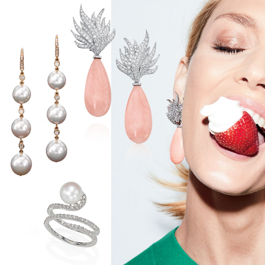 pearl drop earrings, angel skin coral earrings, pearl ring