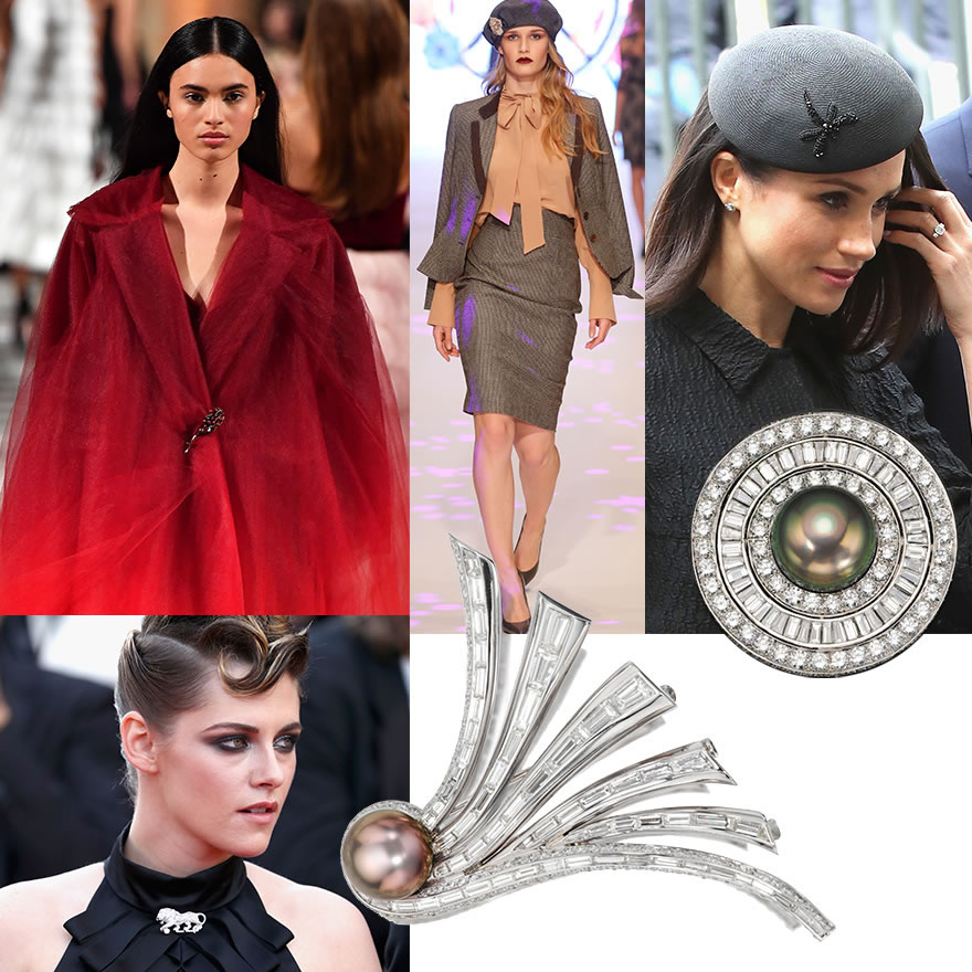 Clockwise from Upper Left: Oscar de la Renta, F/W18-19; Thomas Rath Collection; The Duchess of Sussex, Meghan Markle; Assael Tahitian Pearl Brooch; Assael Tahitian Pearl Fanfare Brooch; Kristen Stewart in Chanel .