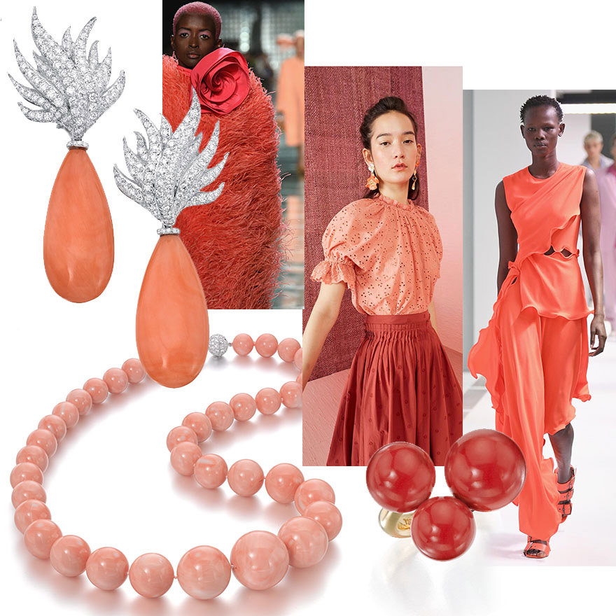 Clockwise from Top Left: Assael Angel Skin Coral and Diamond Flame Earrings; Marc Jacobs SS19: Ulla Johnson SS19; Photo Courtesy of Pantone.com; Sardinian Coral Bubble Ring by Sean Gilson for Assael; Angel Skin Coral Necklace by Assael.