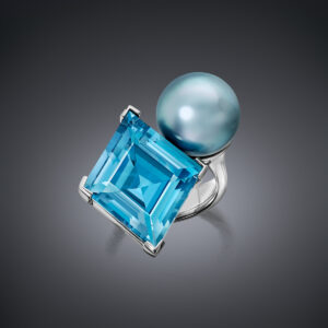 Blue Tahitian pearl and vivid aquamarine ring